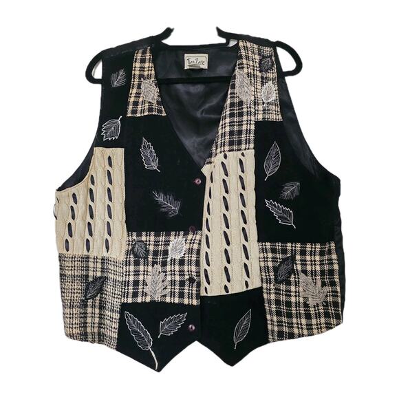 Vintage Patchwork Cable Knit Vest Womens 2X Boho Cottagecore Embroidered Leaves - Picture 1 of 8
